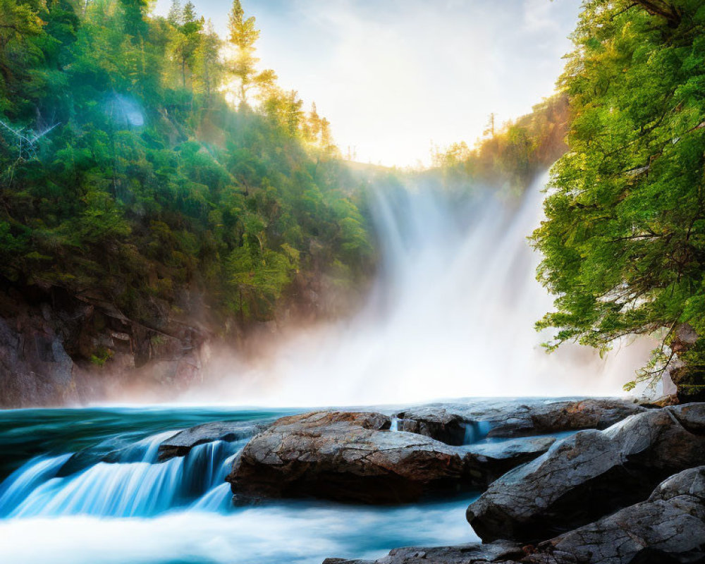 Majestic waterfall in forested cliffs with sunbeams