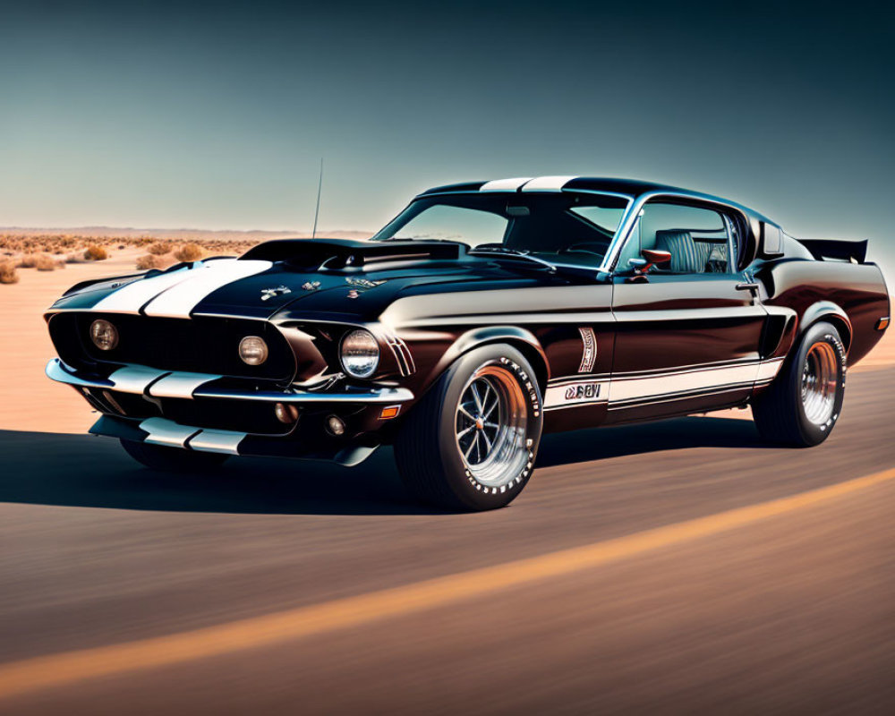 Vintage Black Shelby Mustang GT500 Speeding in Sunlit Desert