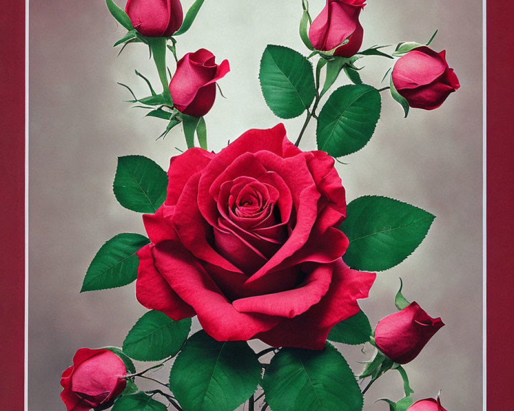 Red Roses Bouquet with Large Blooming Flower on Gray Background