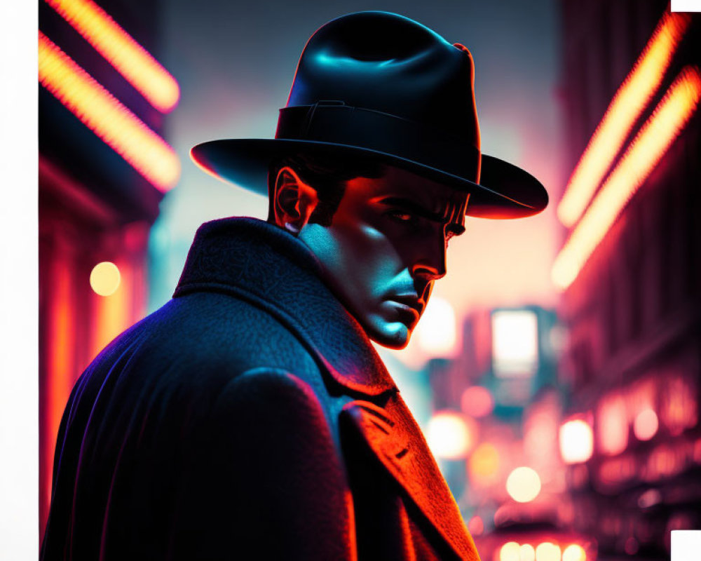 Stylized image of man in fedora and coat in neon-lit cityscape