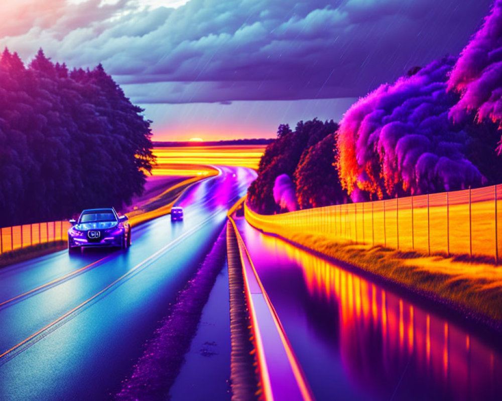 Vibrant highway scene at dusk with stormy sky