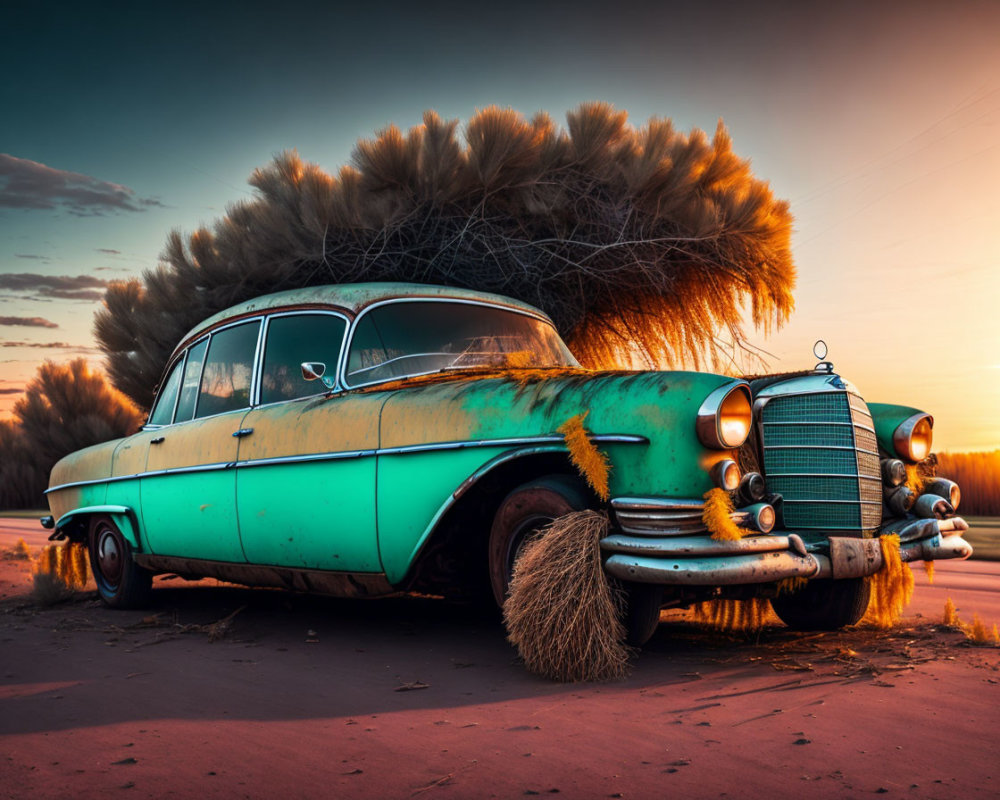 Vintage car with brooms parked under tree at sunset