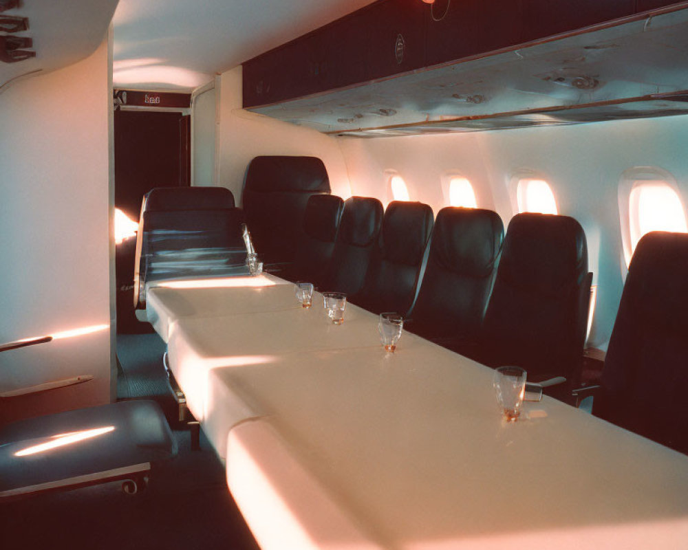 Airplane cabin with black leather seats, white counter, glasses, warm lighting