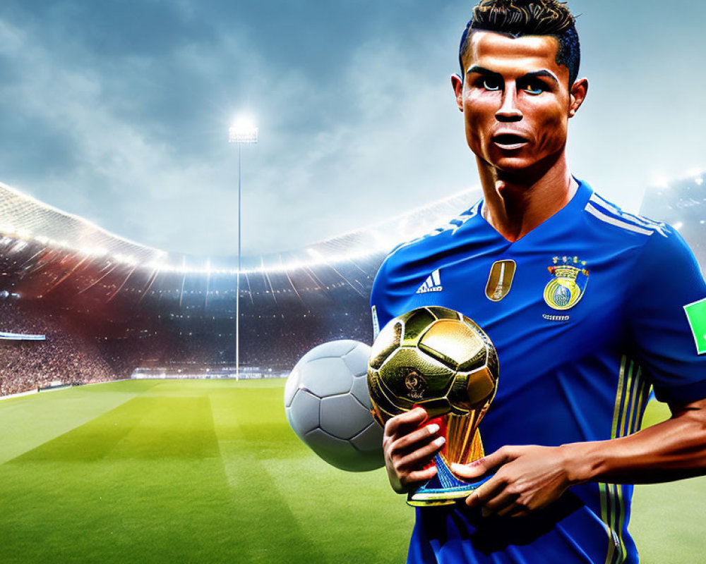 Stylized digital artwork of animated male soccer player with golden ball in blue kit