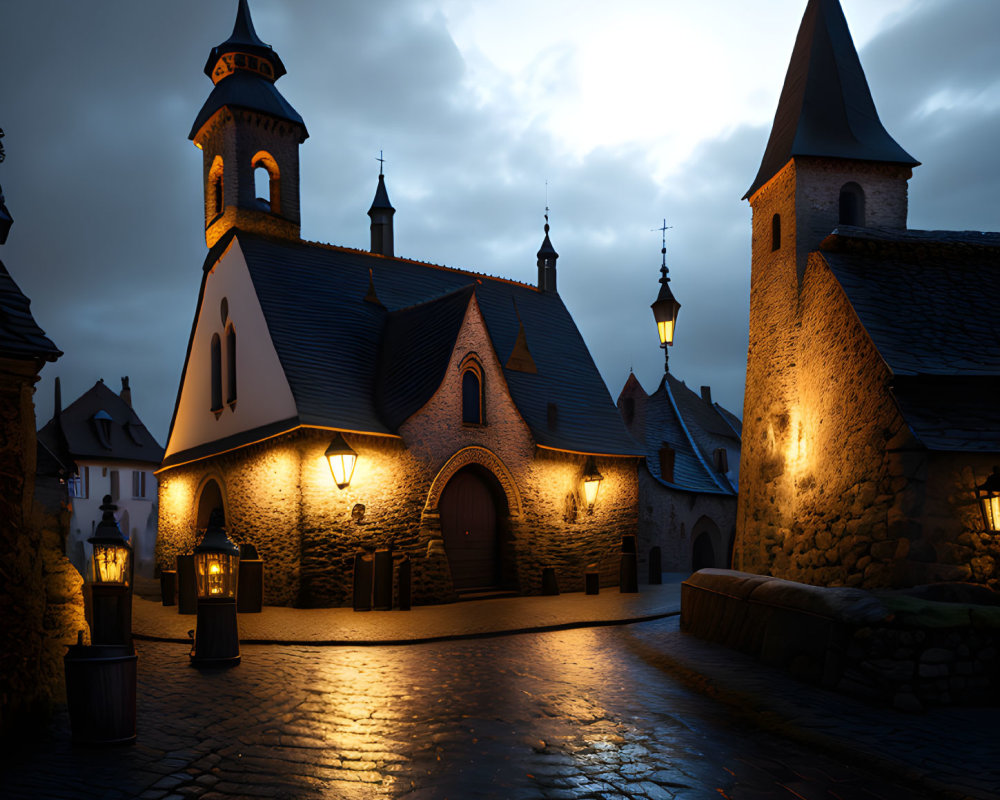 Old Stone Church with Steeple Illuminated at Dusk