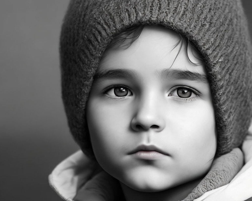 Monochrome portrait of child in woolen hat with pensive look