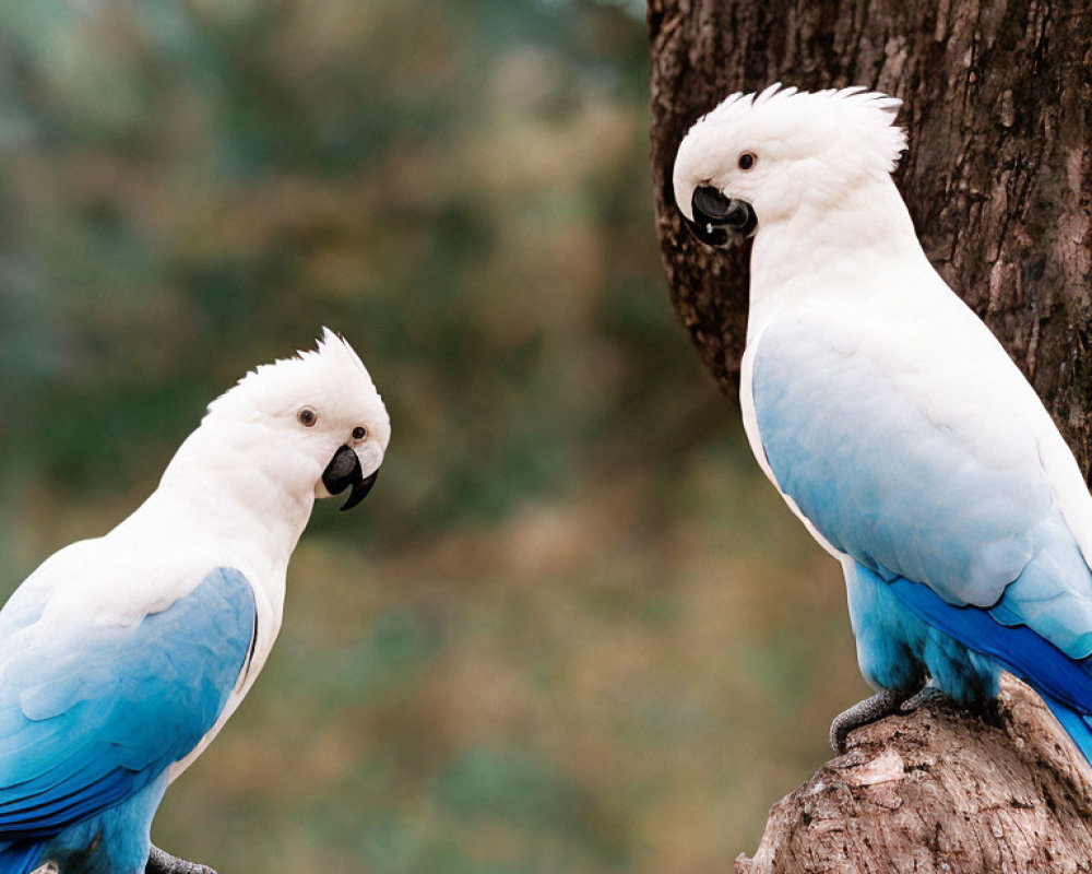 White Cockatoos with Blue-Tipped Wings Perched on Tree Branch