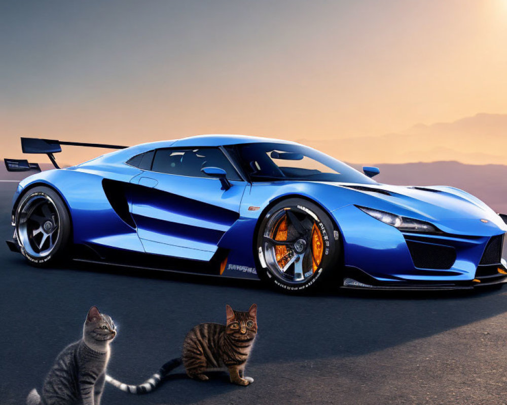 Blue sports car with white stripes on open road at sunset, two cats in foreground.