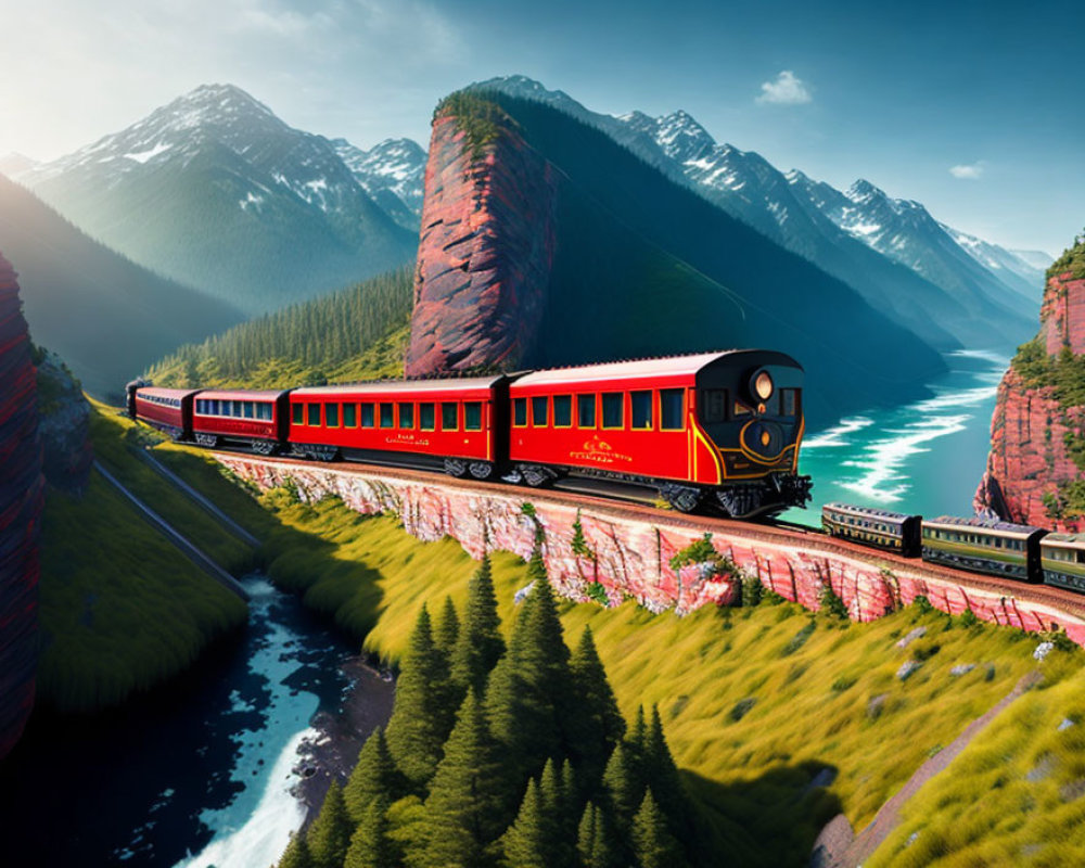 Scenic red train by turquoise river and green mountains