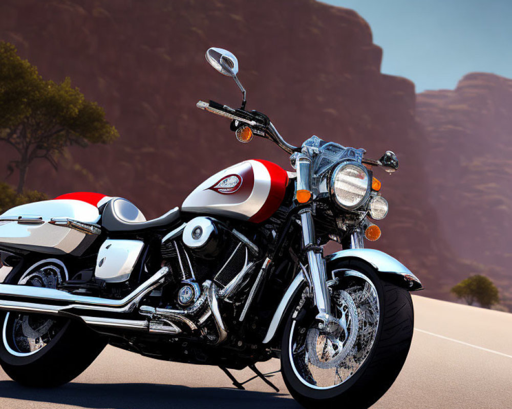 Vintage Motorcycle with White and Red Paint on Asphalt Road