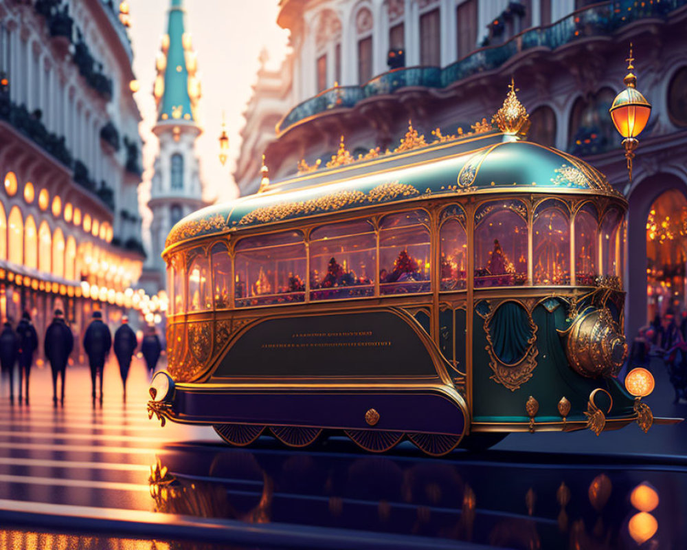 Futuristic vintage-style tram with gold and teal accents in illuminated city street