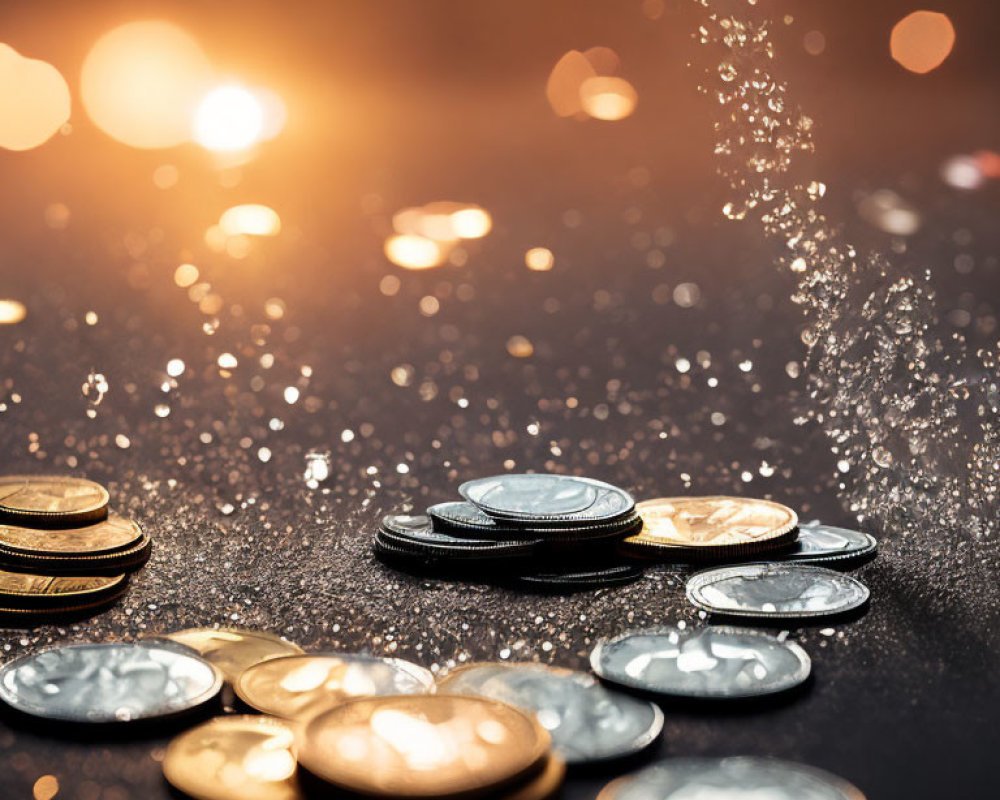 Scattered Coins Sparkling in Warm Bokeh Lights