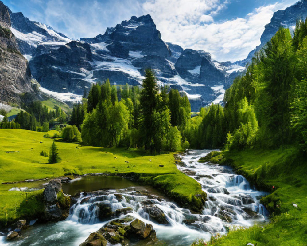 Scenic alpine landscape: river, meadows, snow-capped mountains