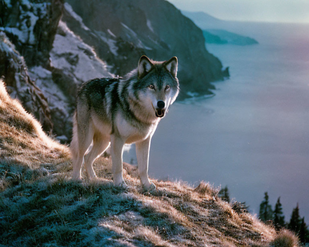 Wolf on grassy hillside at dusk with tranquil sea and sunlight breaking through clouds