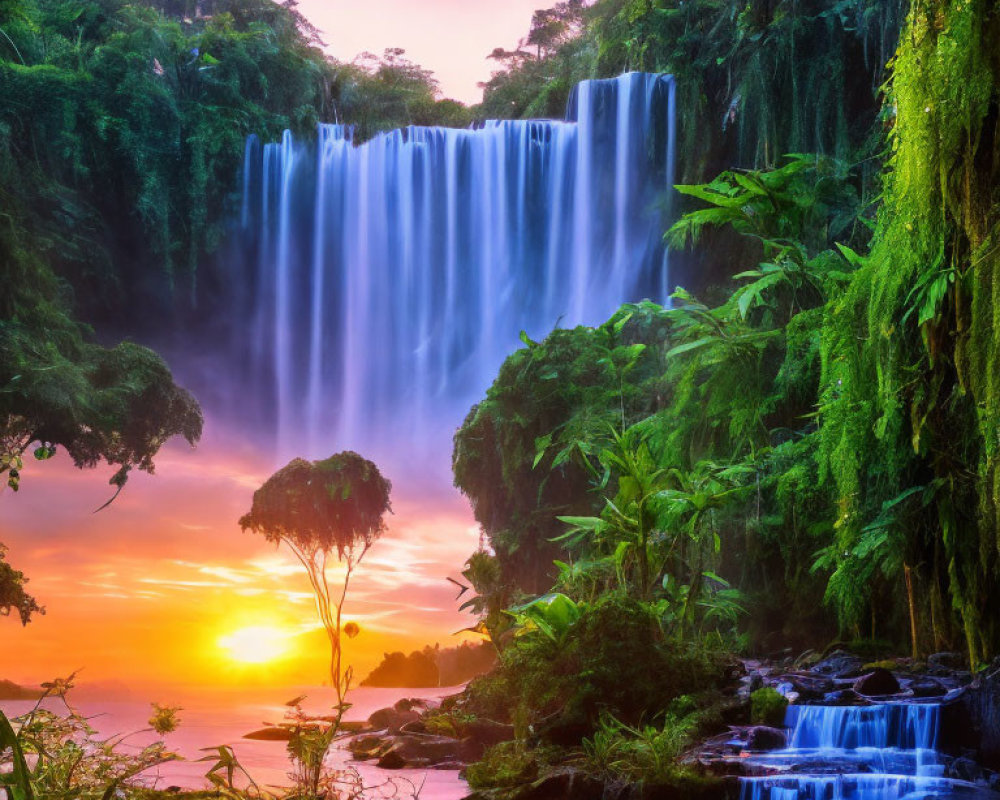 Scenic waterfall with lush greenery and vibrant sunset