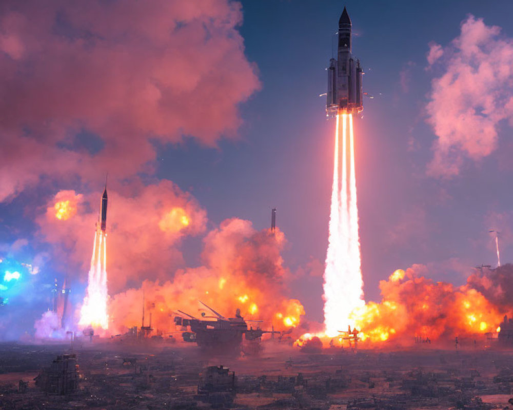 Cityscape at dusk with multiple rockets launching and fiery explosions.