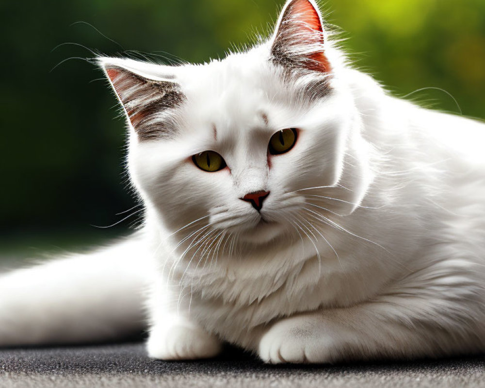 White Cat with Yellow Eyes and Soft Fur Coat on Green Background