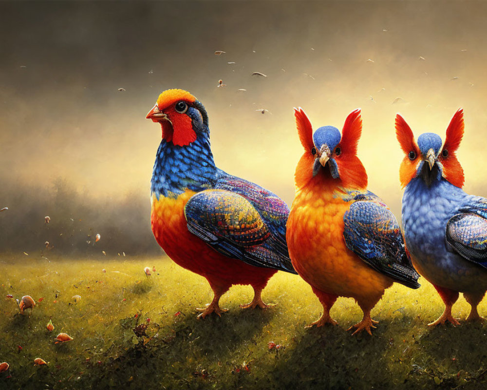 Colorful Birds with Peacock and Parrot Features in Misty Field