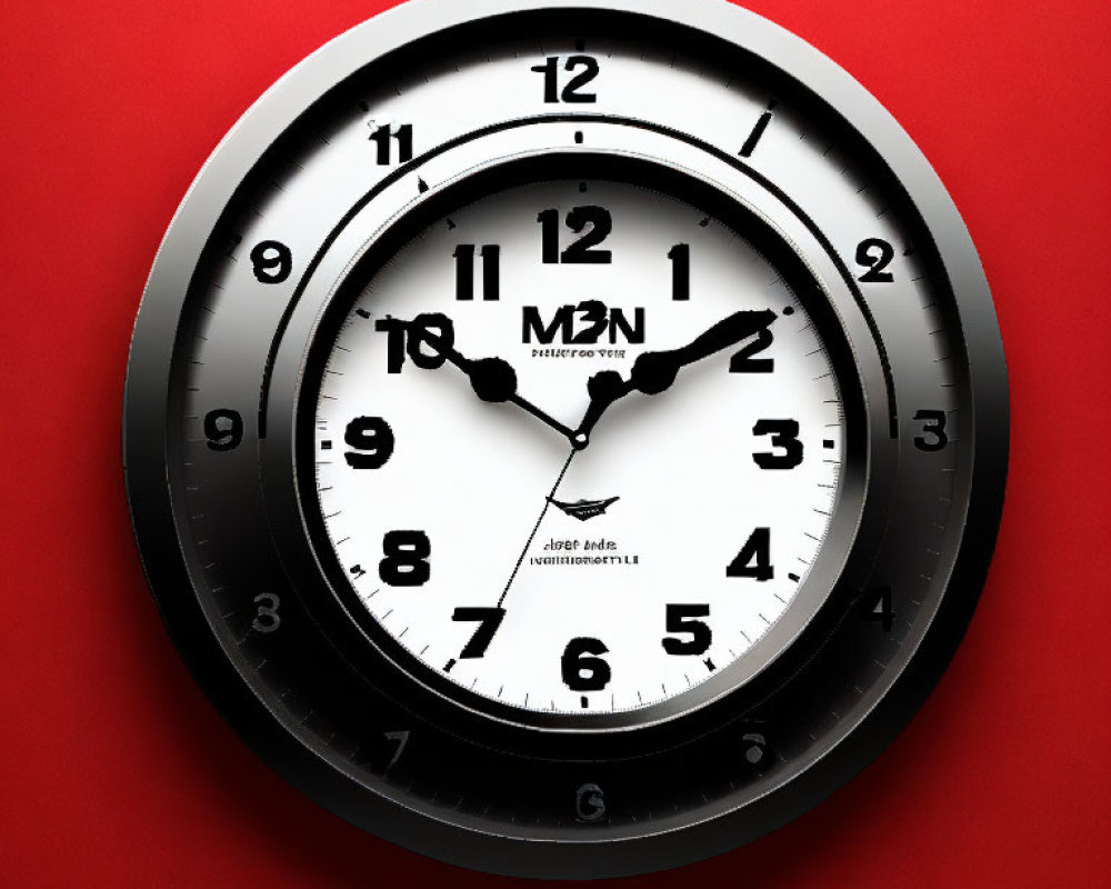 Analog Wall Clock with Black and White Face on Vivid Red Background, Time 10:10