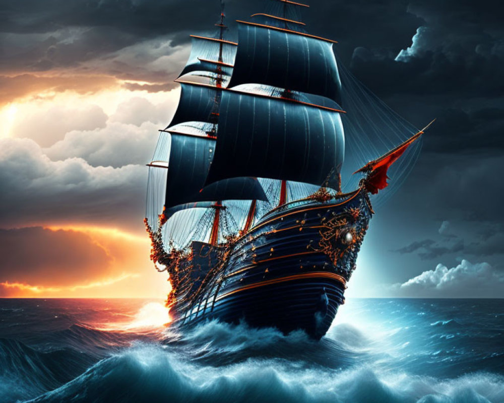 Majestic sailing ship with dark sails in tumultuous ocean waves at sunset