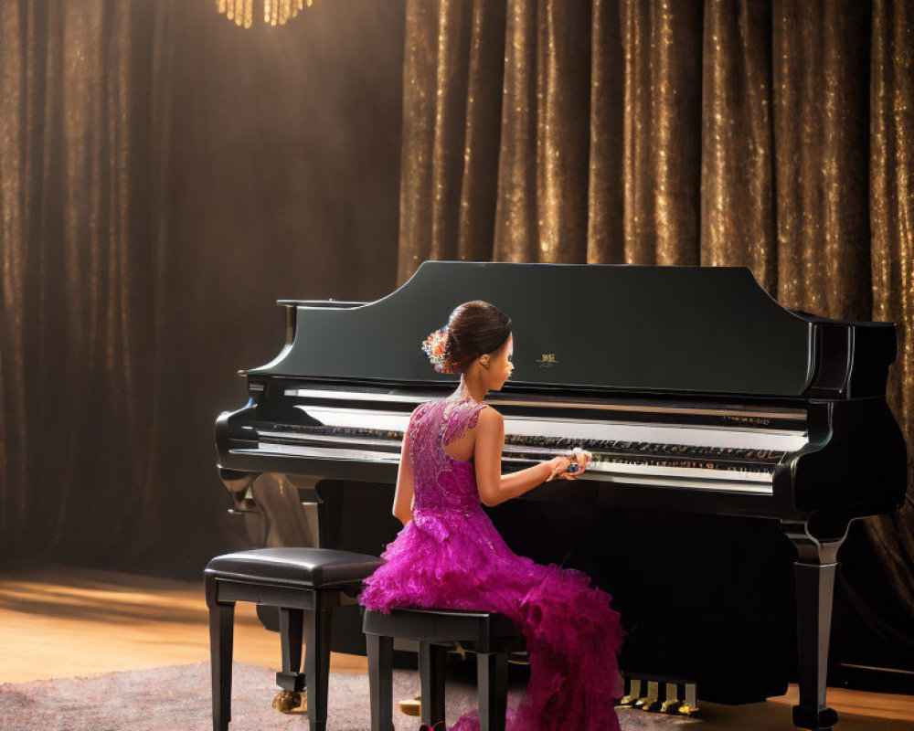 Woman in Purple Dress Playing Grand Piano in Elegant Room