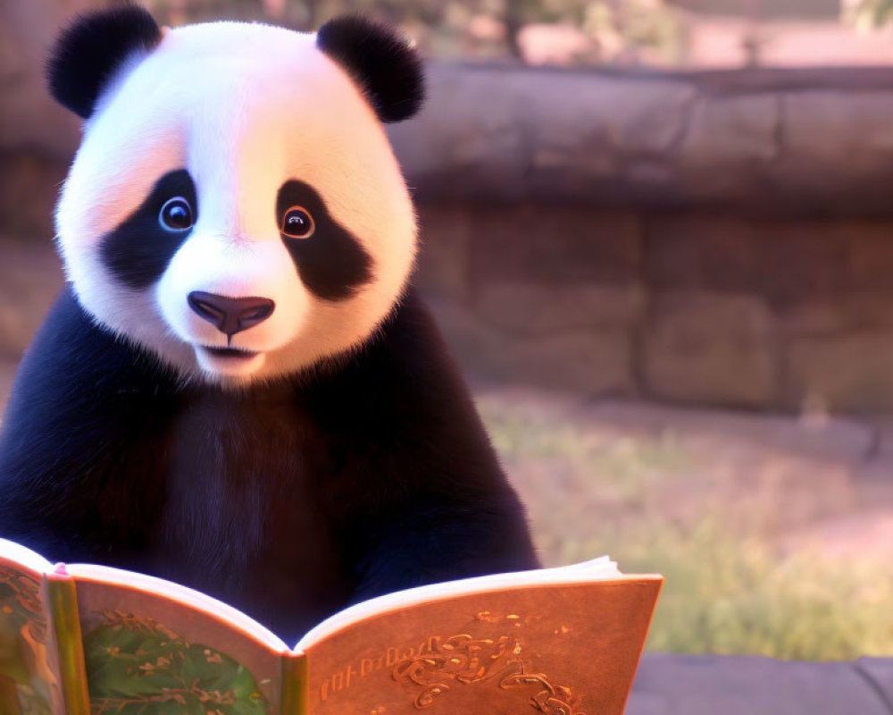 Animated panda reading book in tranquil garden setting