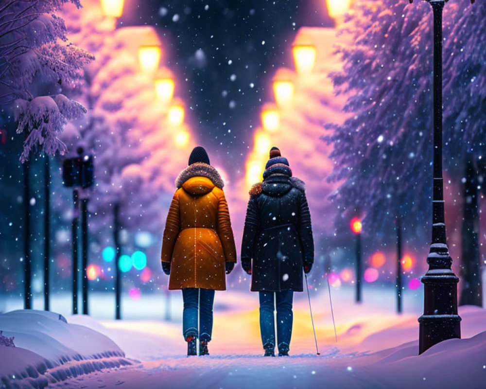 Snowy path with two people walking under lit street lamps