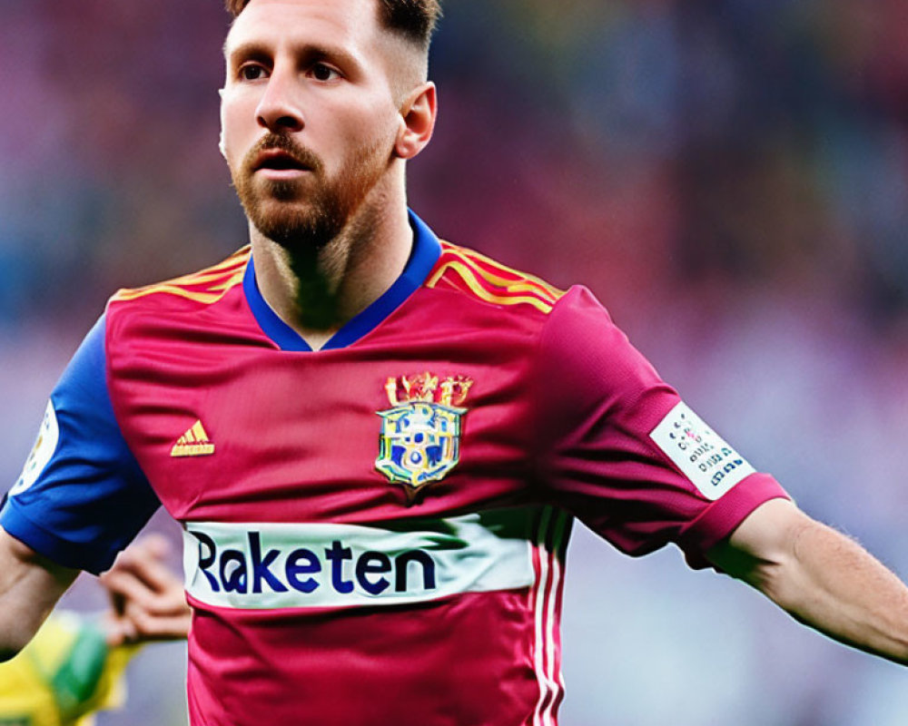 Soccer player in maroon and blue striped kit with "Rakuten" emblem in mid-action