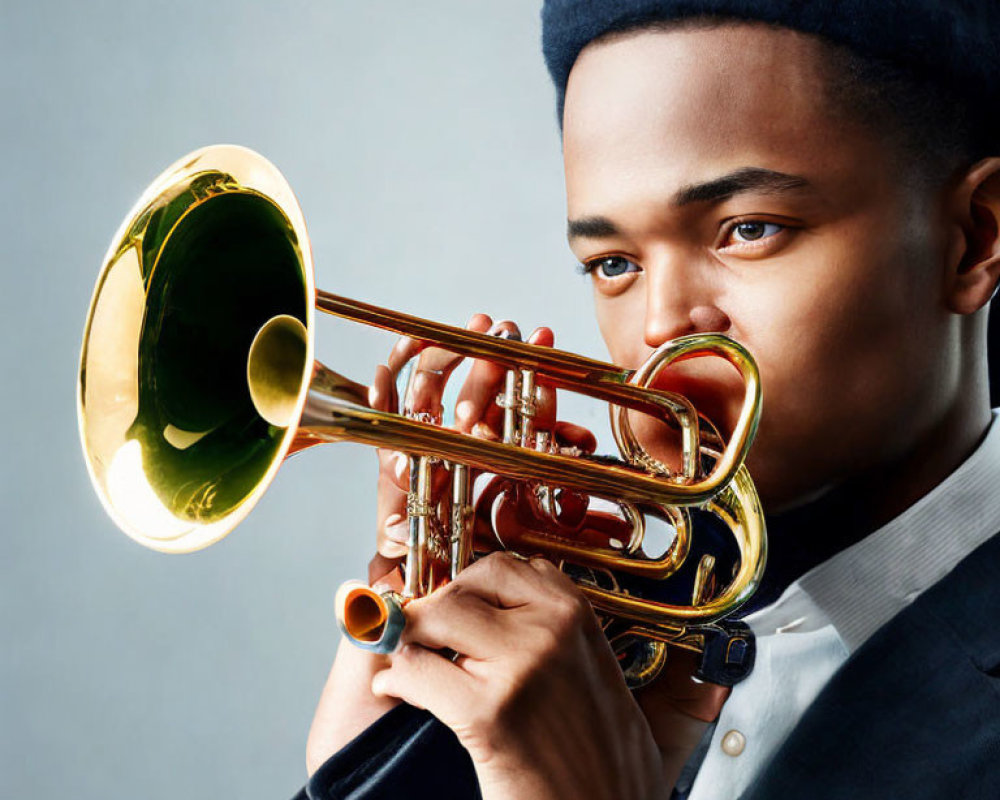 Young man in suit playing trumpet on grey background