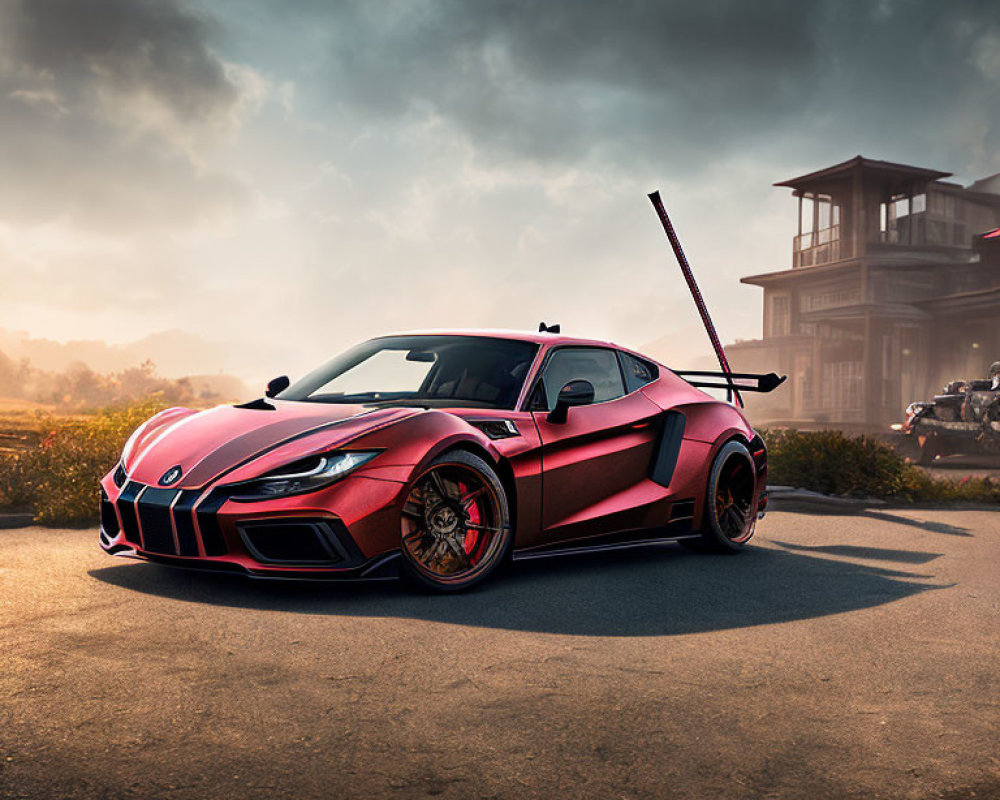 Red and black sports car with large rear wing parked at sunset