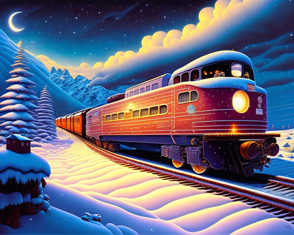 Vintage train in snowy moonlit landscape with pine trees