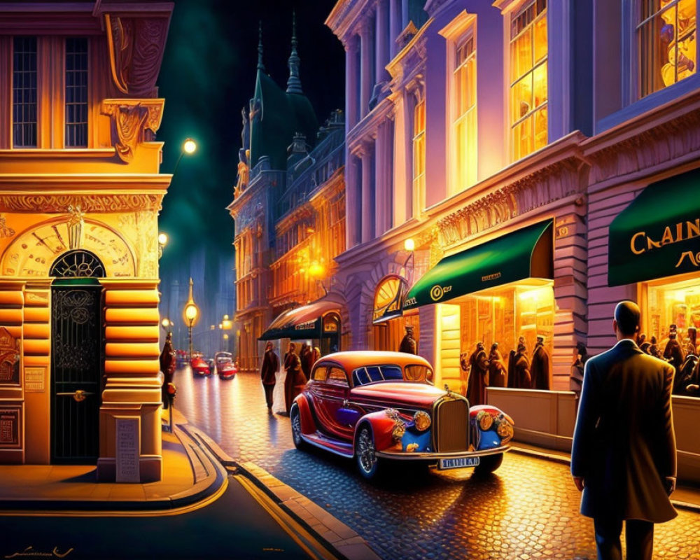 Vibrant evening street scene with vintage cars, illuminated shops, and glowing streetlights.