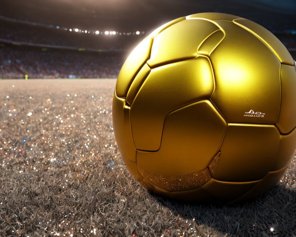 Golden Soccer Ball on Glittering Field with Stadium Full of Spectators