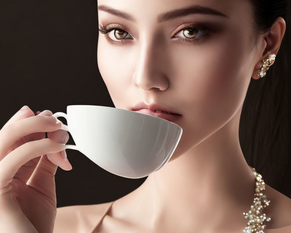 Elegant person with subtle makeup holding white cup against dark background