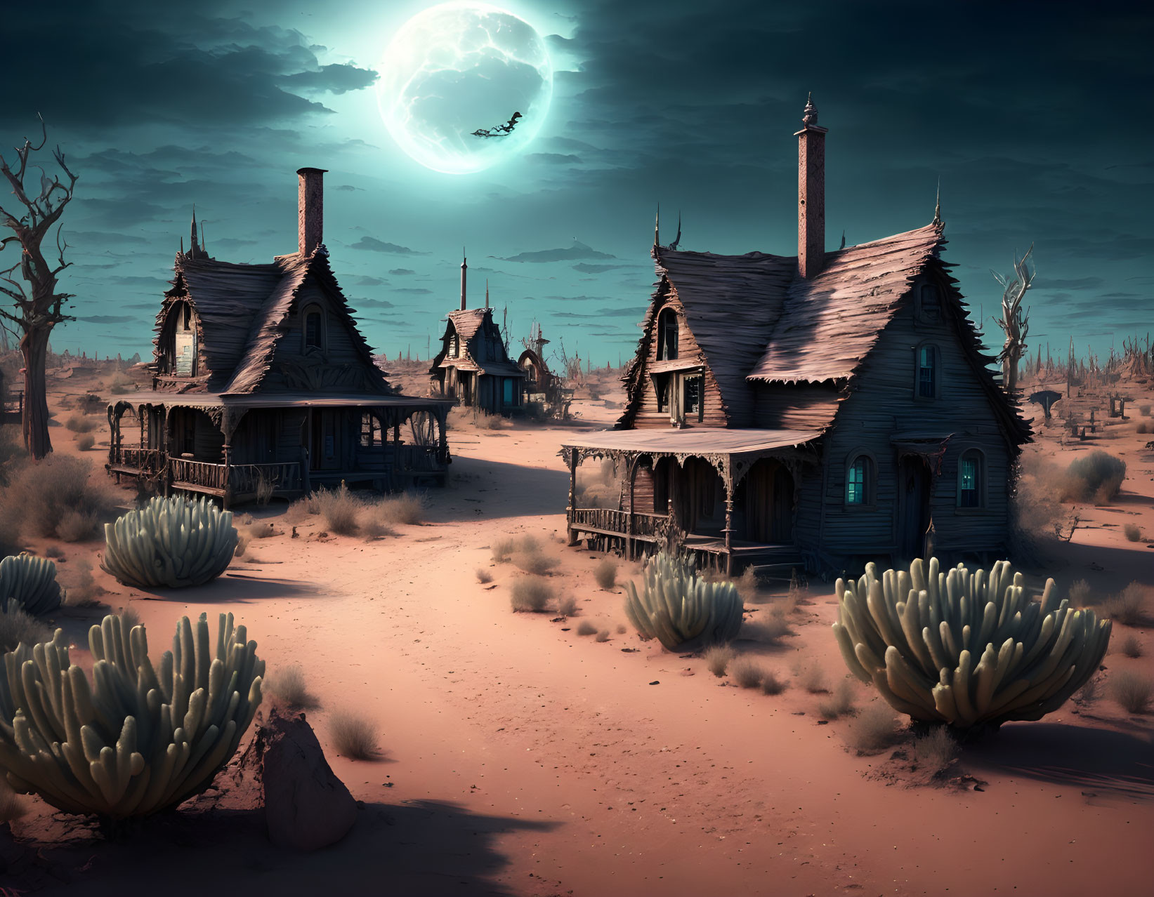 Desolate western ghost town under green moonlit night