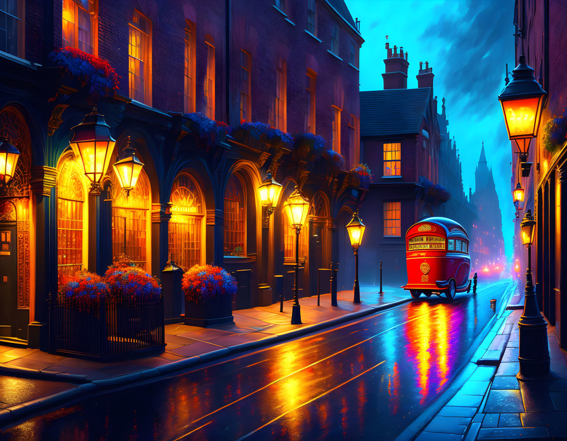 Vintage street lamps, red bus, wet cobblestones, and flower baskets in a vibrant night scene