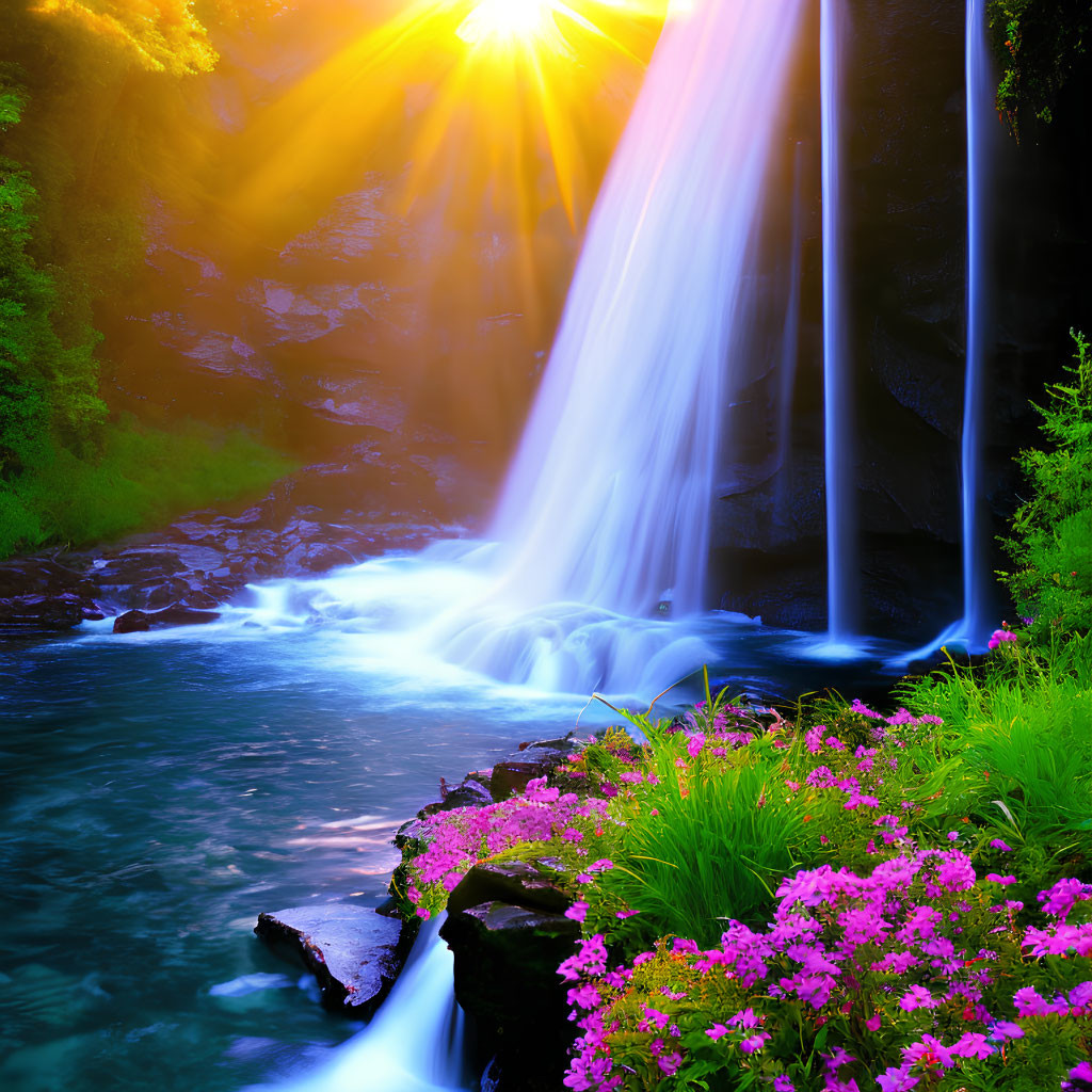 Tranquil waterfall in sunlight with pink flowers