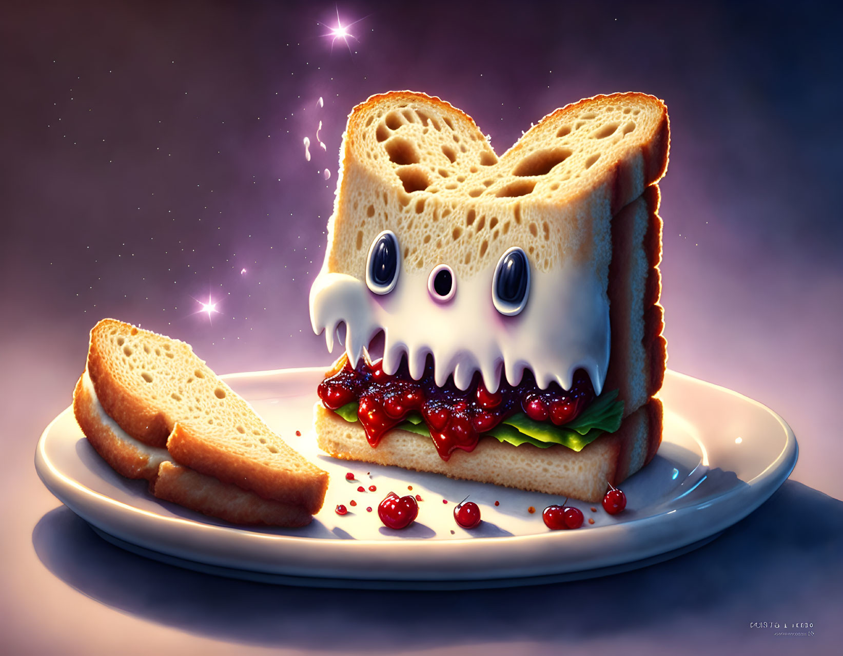 Animated monster sandwich with jam on plate against twilight sky