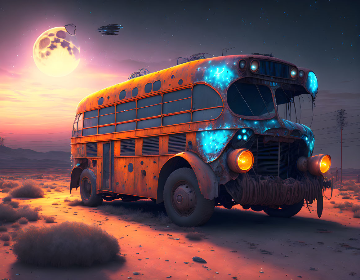 Abandoned school bus with blue lights in desert twilight