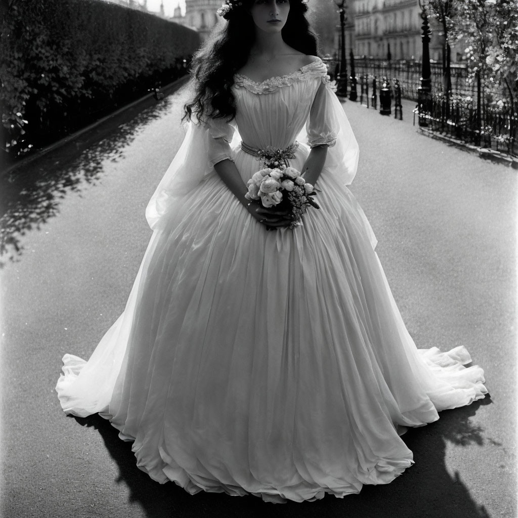 Woman in vintage white dress with bouquet on sunny path.