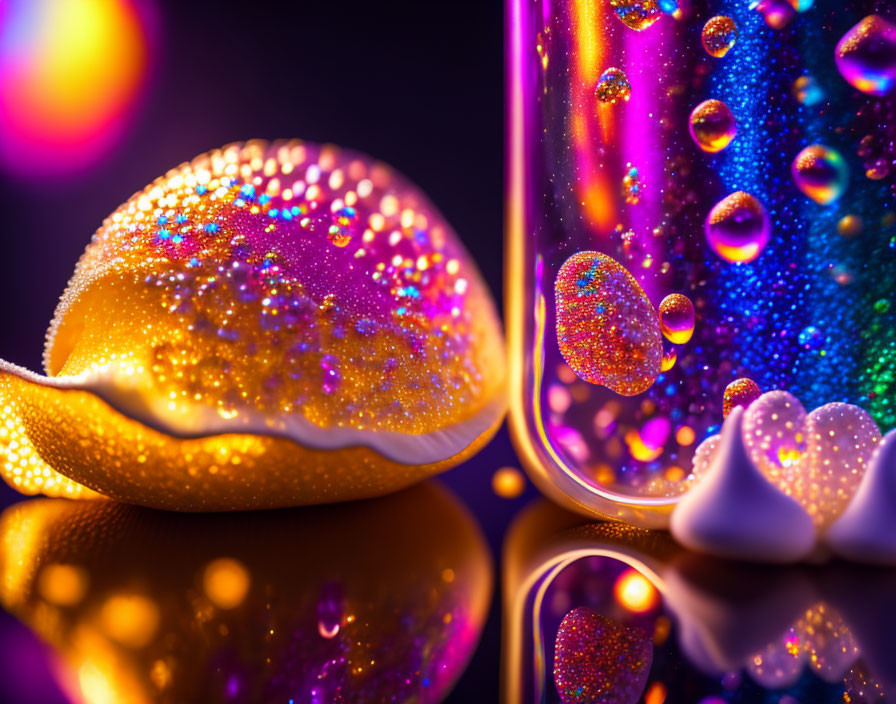 Colorful bubbles and glitter-covered shell next to glass beaker on purple bokeh background