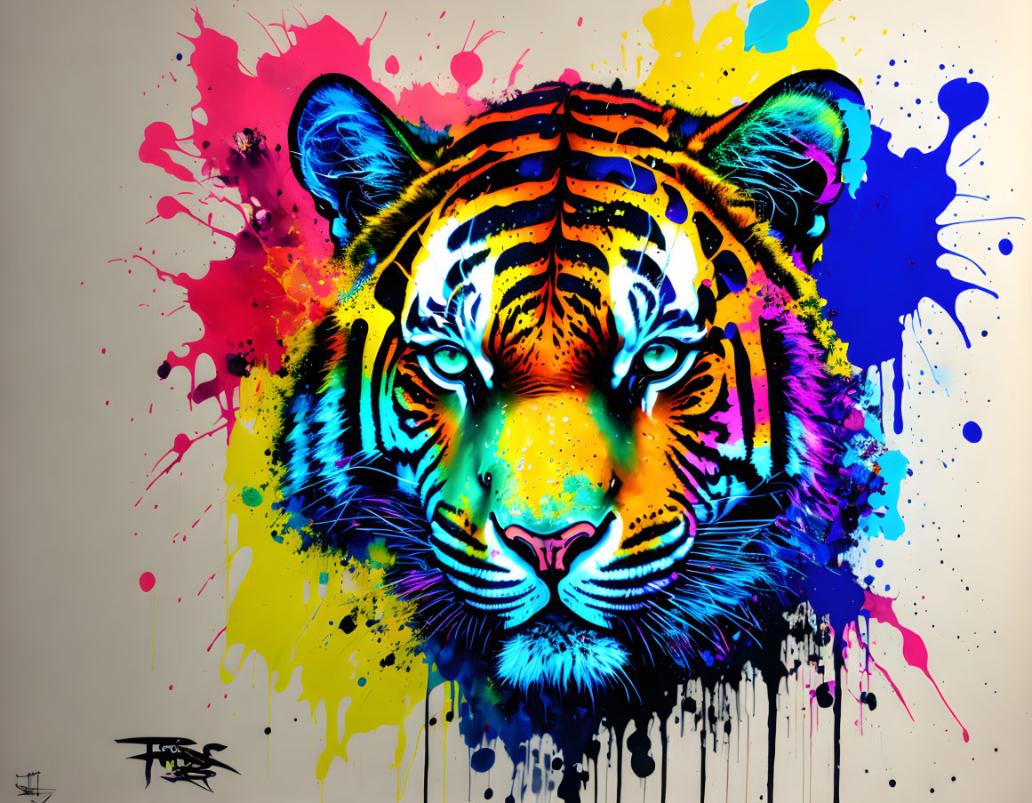 Colorful Tiger Face Artwork with Neon Paint and Dripping Ink