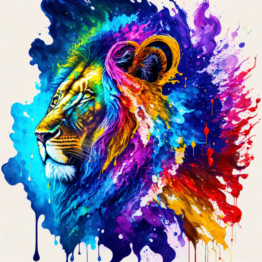 Colorful Lion's Head Illustration with Vibrant Rainbow Mane