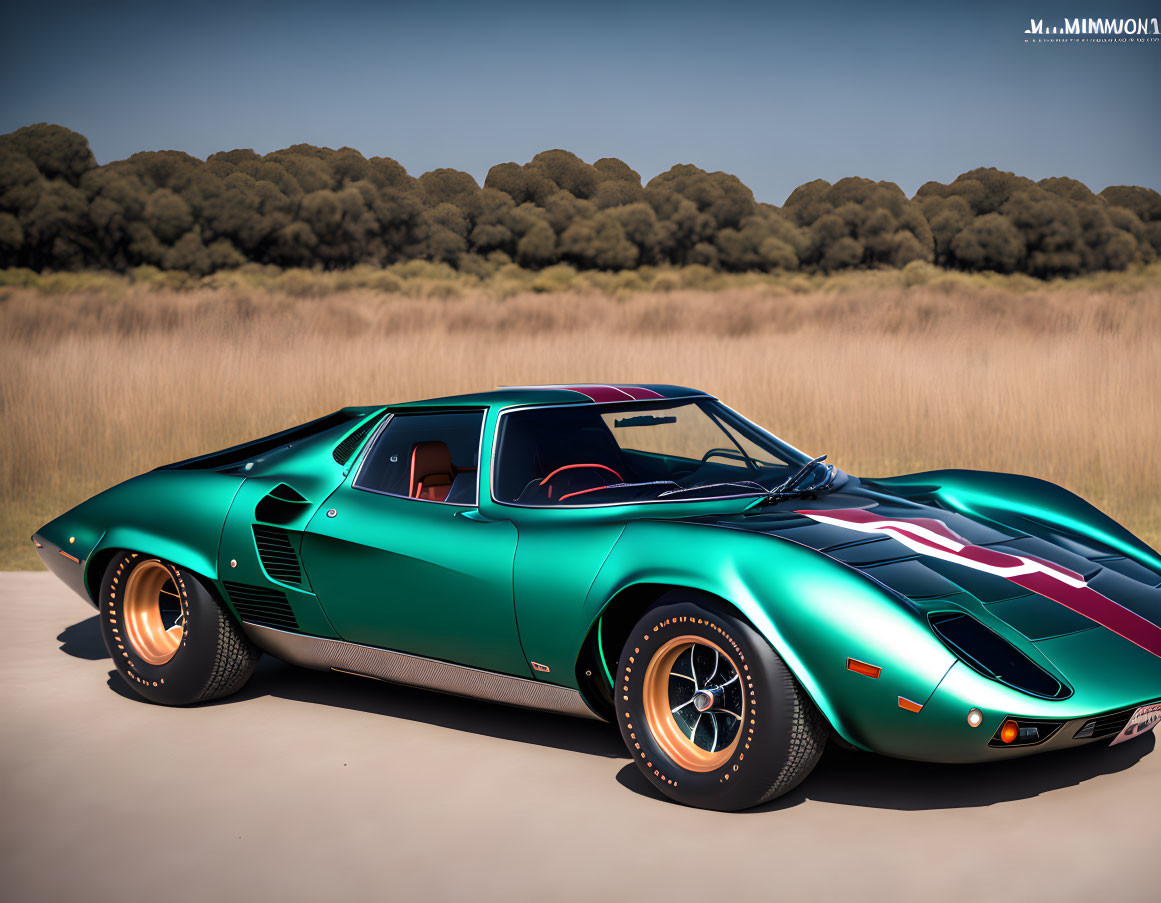 Vintage Green Sports Car with Red Stripe and Number on Hood Outdoors