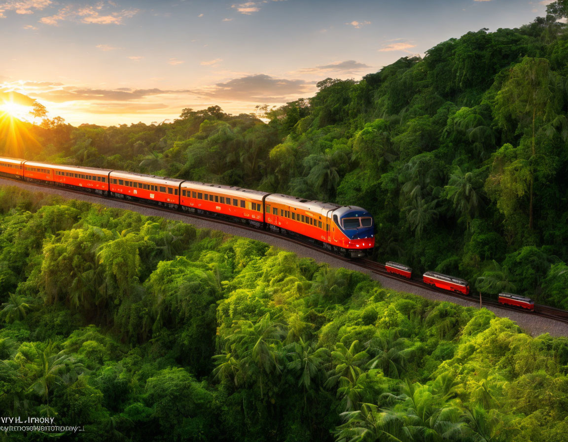 Red Train Passing Through Lush Green Forest at Dawn or Dusk