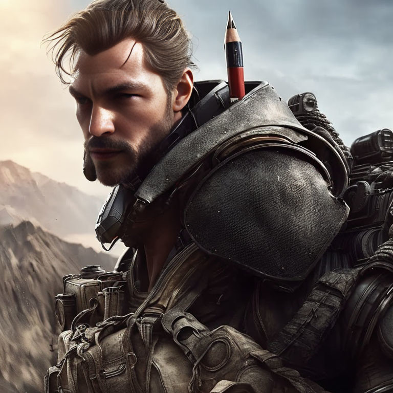 Bearded man in futuristic armor with large pencil on back against mountainous backdrop