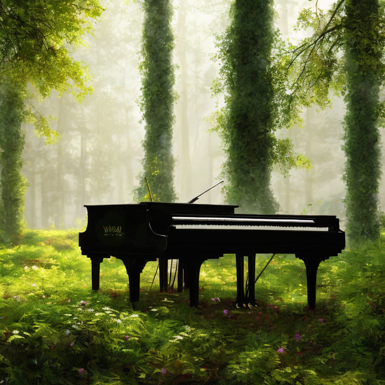 Grand Piano in Sunlit Forest with Towering Trees and Lush Greenery