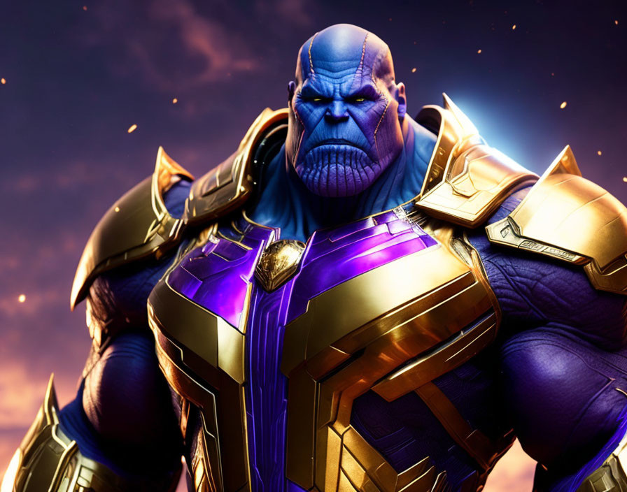 Purple-skinned character in golden and blue armor against cosmic backdrop