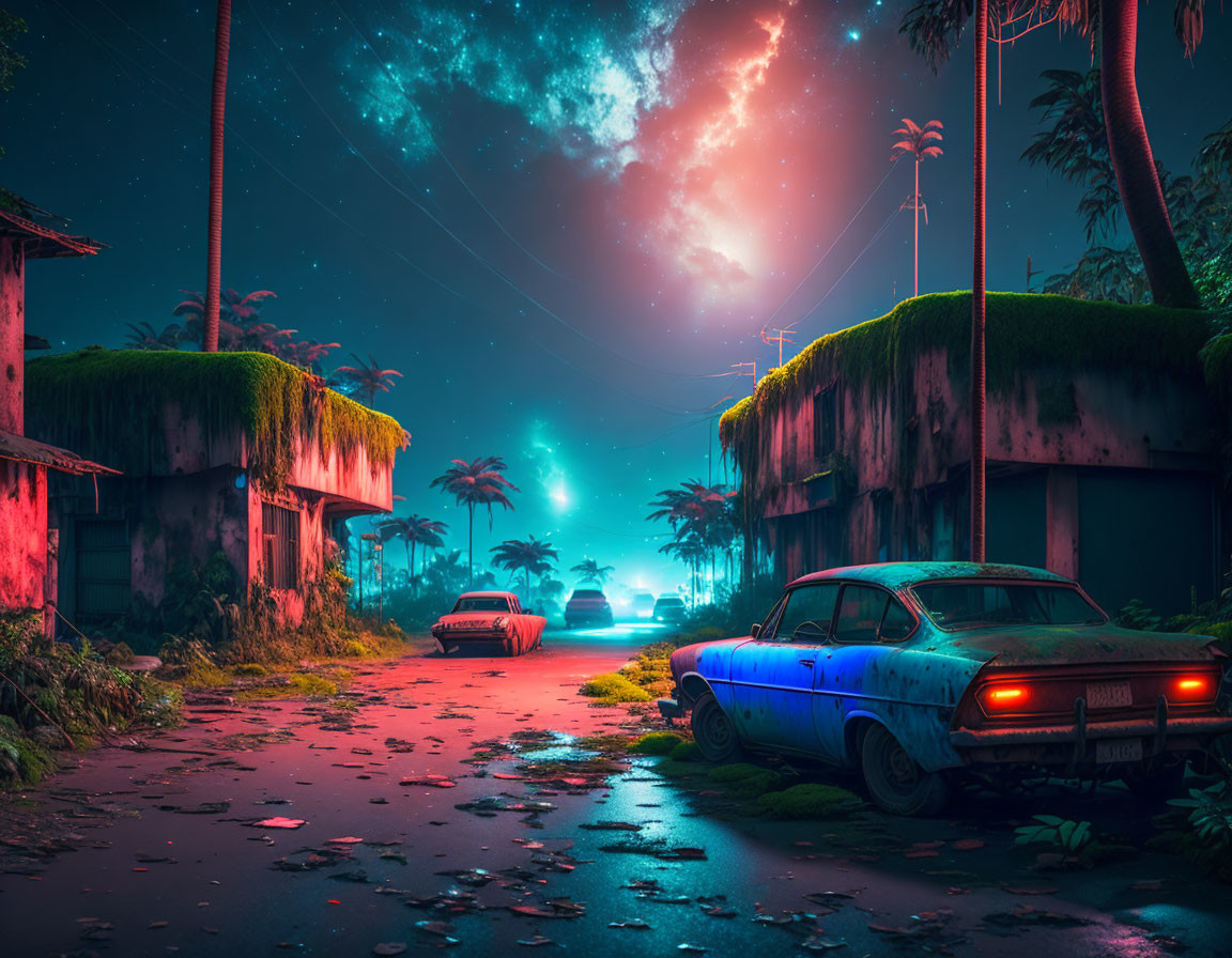 Abandoned cars and overgrown buildings under starry sky with neon lights