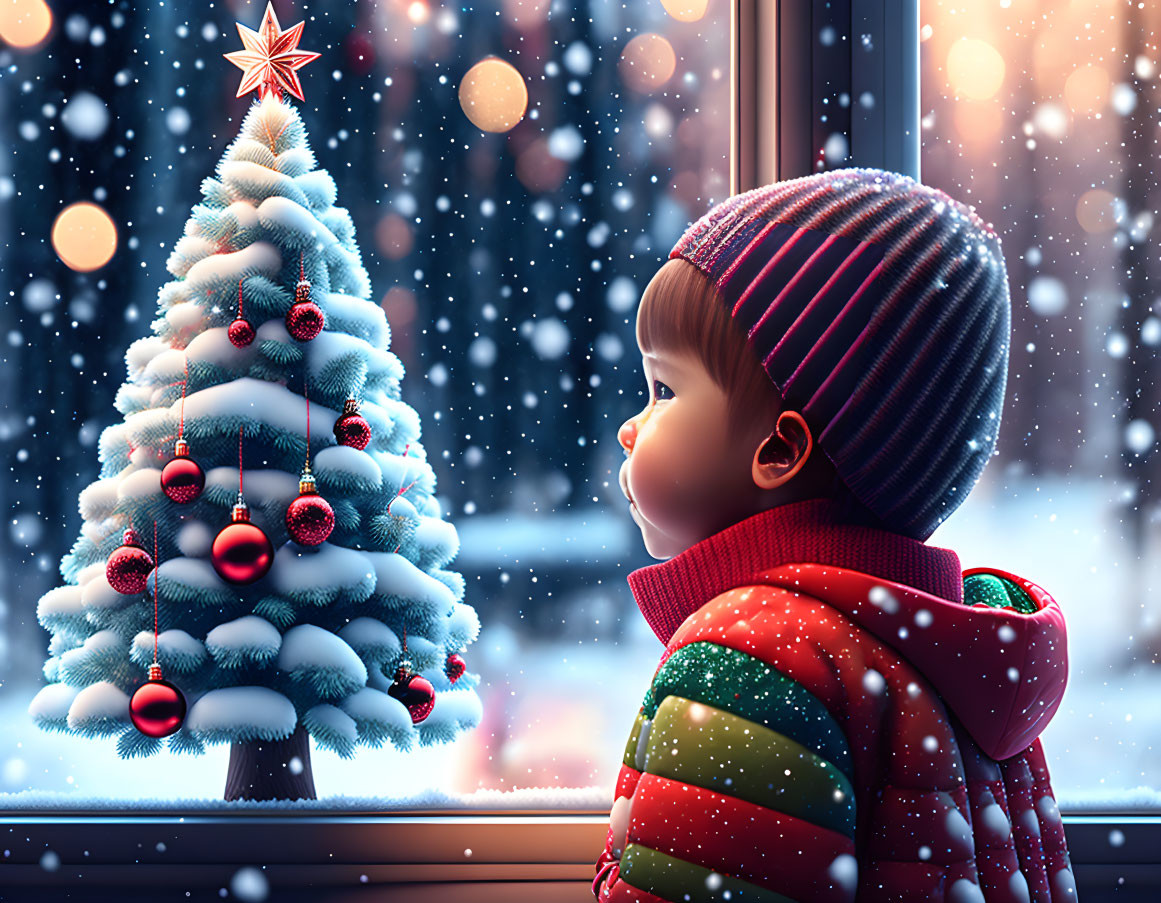 Child in Striped Hat and Colorful Jacket Admiring Christmas Tree by Snowy Window